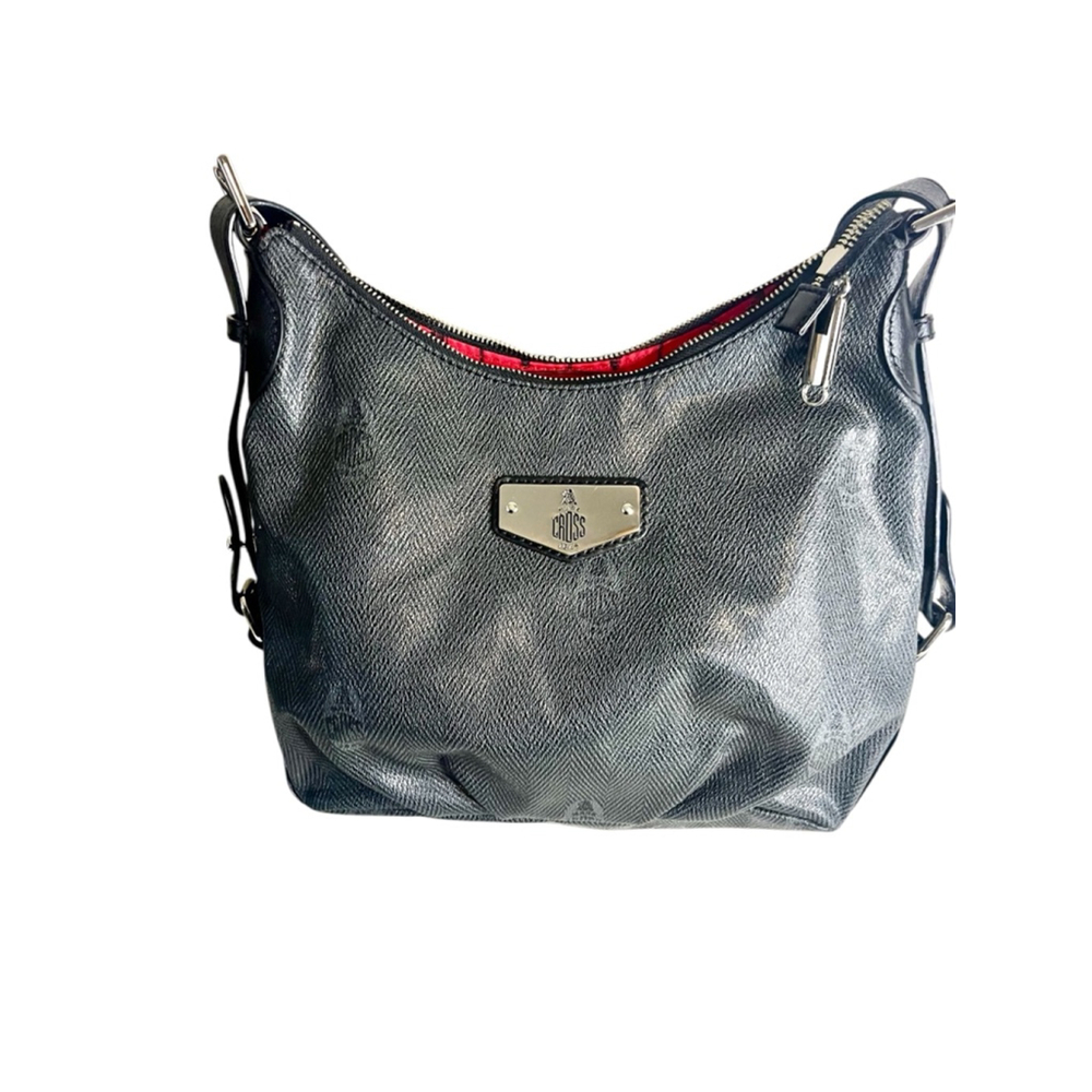 Mark Cross 1845 Vintage Monogram Saffiano Leather Shoulder Bag Gunmetal Gray